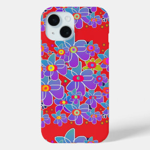 Blue Purple Flower Burst Red iPhone 15 Case
