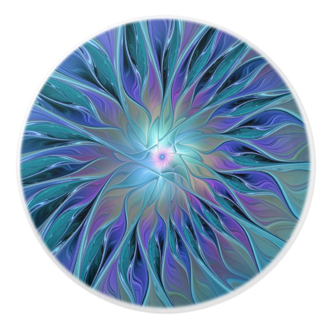 Blue Purple Flower Dream Abstract Fractal Art Ceramic Knob (Front)
