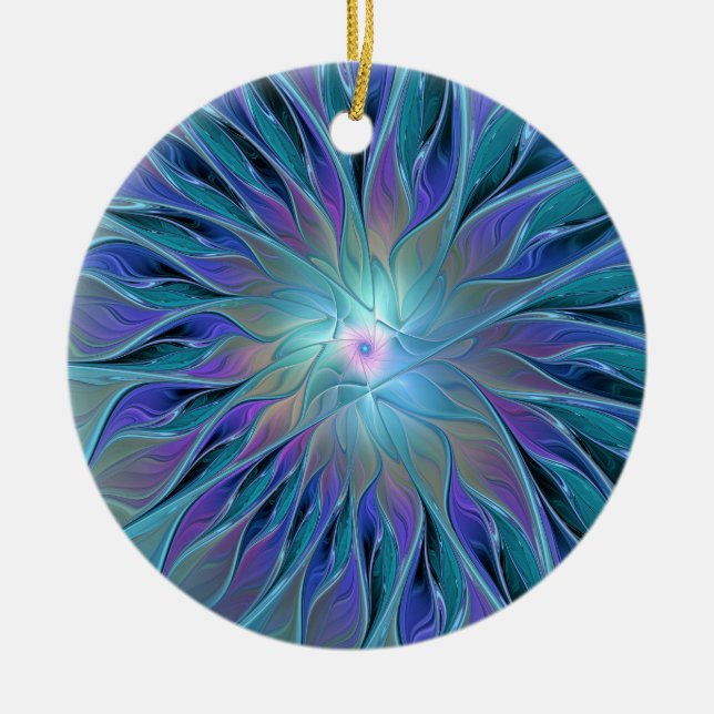 Blue Purple Flower Dream Abstract Fractal Art Ceramic Ornament (Front)