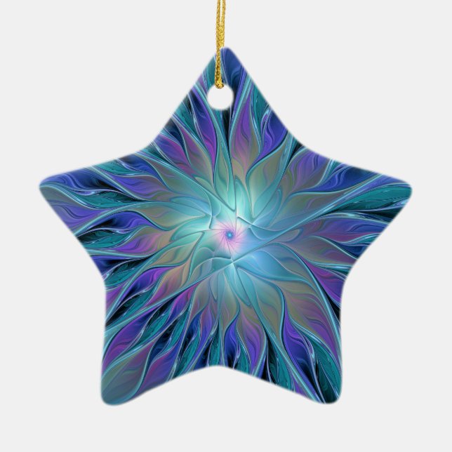 Blue Purple Flower Dream Abstract Fractal Art Ceramic Ornament (Front)