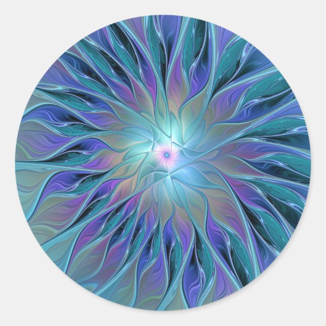 Blue Purple Flower Dream Abstract Fractal Art Classic Round Sticker (Front)