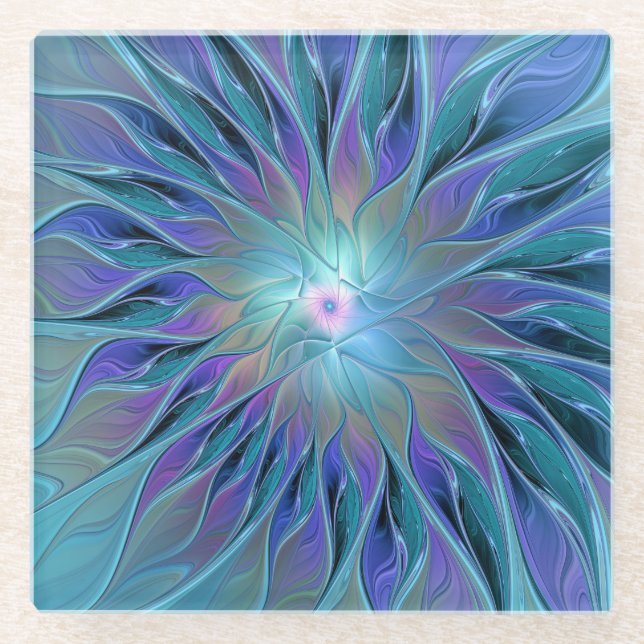Blue Purple Flower Dream Abstract Fractal Art Glass Coaster (Front)