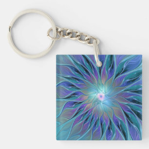 Blue Purple Flower Dream Abstract Fractal Art Key Ring