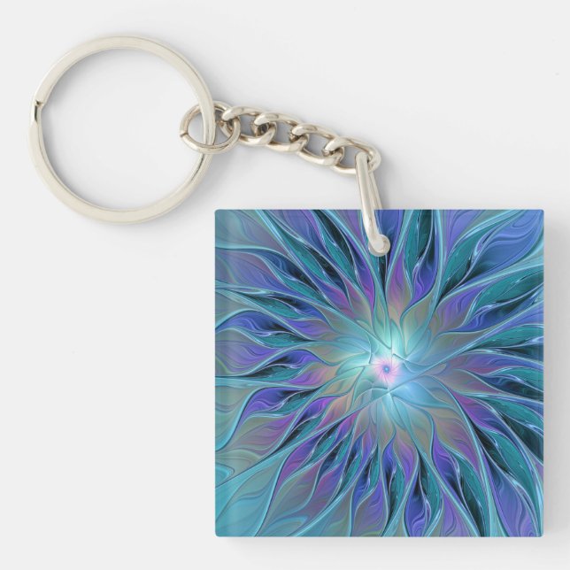 Blue Purple Flower Dream Abstract Fractal Art Key Ring (Front)
