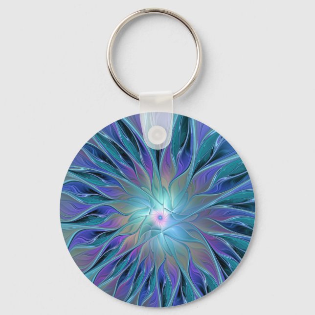 Blue Purple Flower Dream Abstract Fractal Art Key Ring (Front)