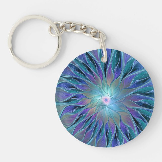 Blue Purple Flower Dream Abstract Fractal Art Key Ring (Front)