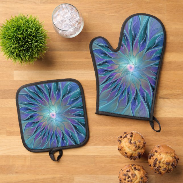 Blue Purple Flower Dream Abstract Fractal Art Oven Mitt & Pot Holder Set (Top Down)