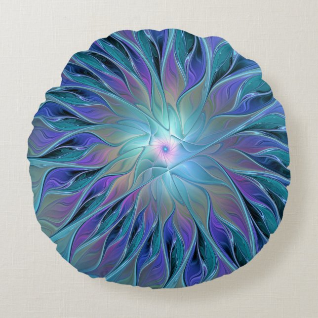 Blue Purple Flower Dream Abstract Fractal Art Round Cushion (Front)