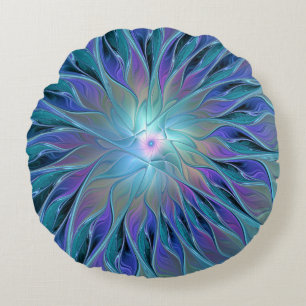 Blue Purple Flower Dream Abstract Fractal Art Round Cushion