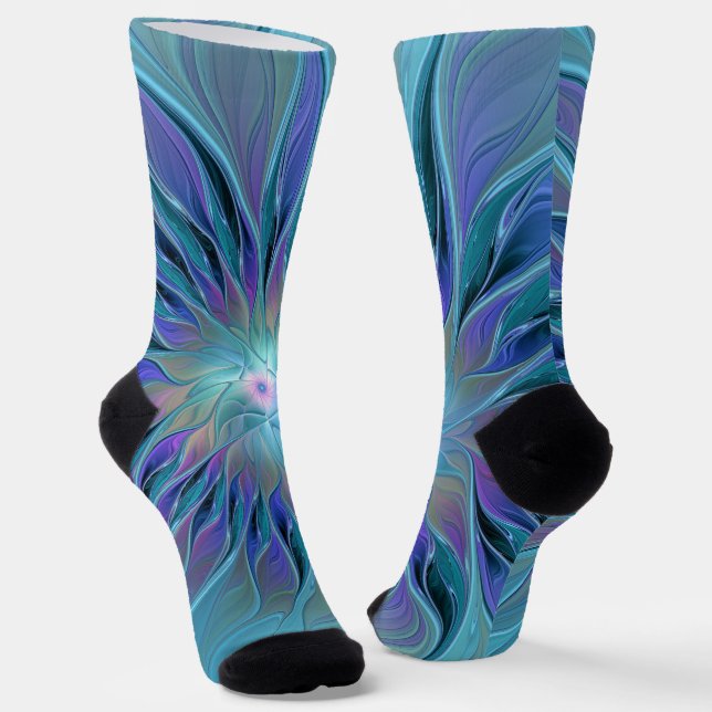 Blue Purple Flower Dream Abstract Fractal Art Socks (Angled)
