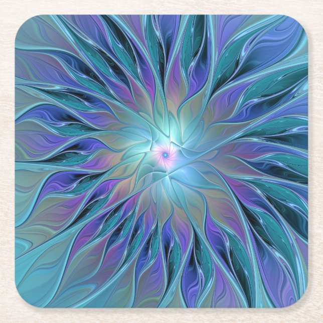 Blue Purple Flower Dream Abstract Fractal Art Square Paper Coaster (Front)