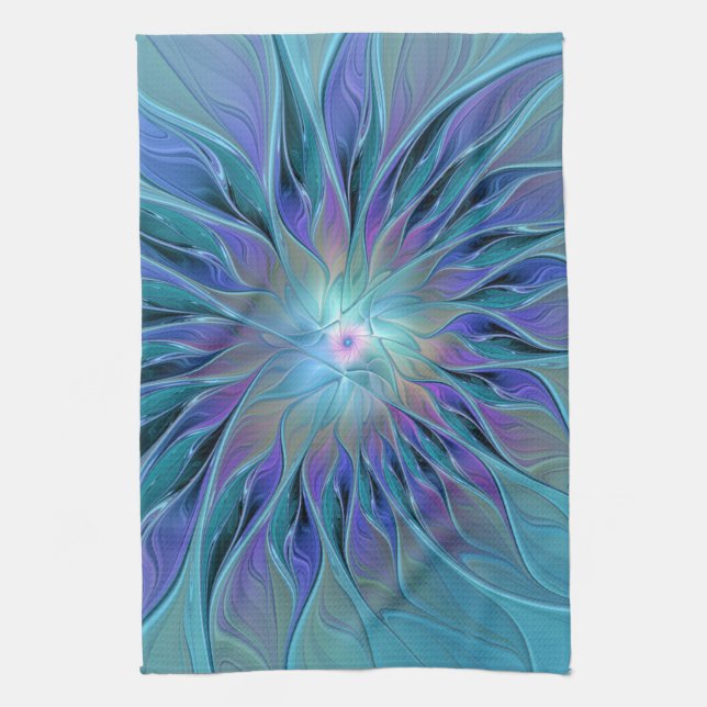 Blue Purple Flower Dream Abstract Fractal Art Tea Towel (Vertical)