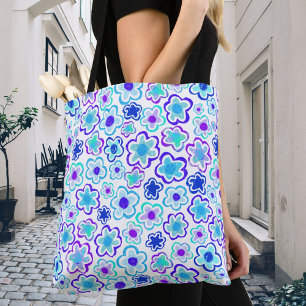 Blue Purple Flower Hand-Drawn Summer Floral Tote Bag