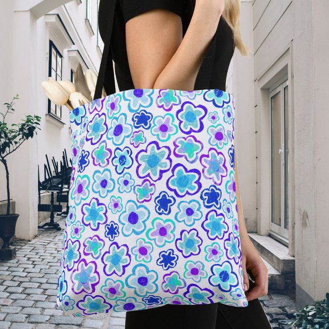 Blue Purple Flower Hand-Drawn Summer Floral Tote Bag (Creator Uploaded)