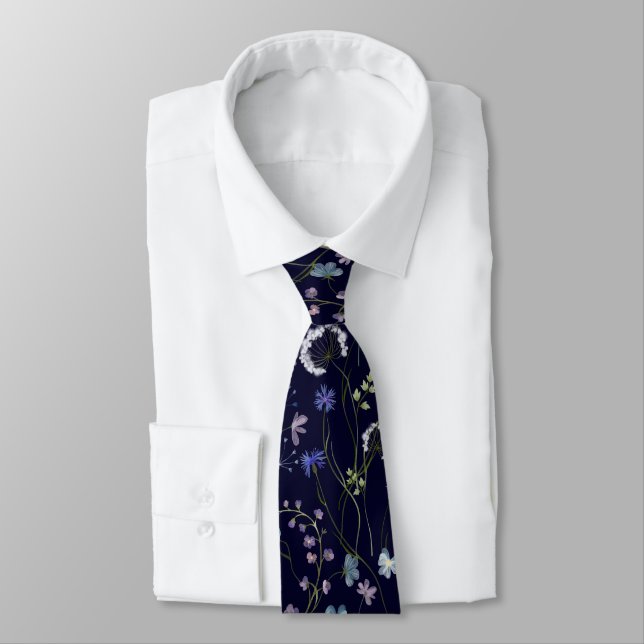 Blue Purple Flower Wildflower Floral Pattern Tie (Tied)