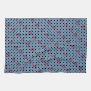 Blue purple flowers and black polka dots tea towel