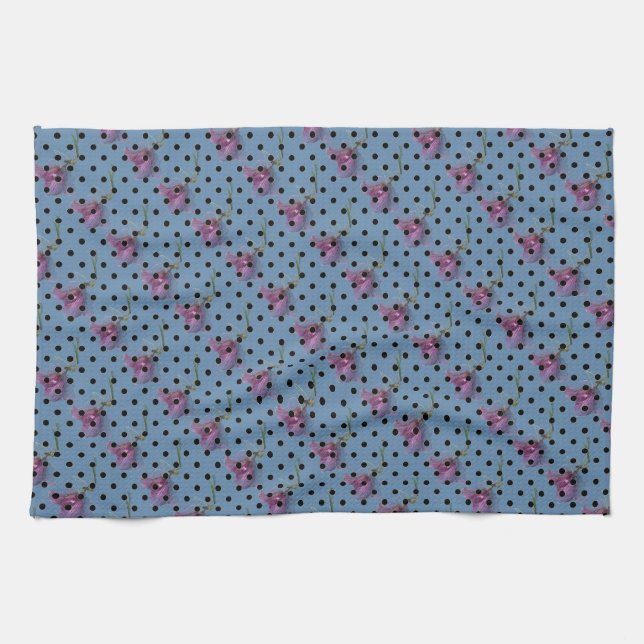 Blue purple flowers and black polka dots tea towel (Horizontal)