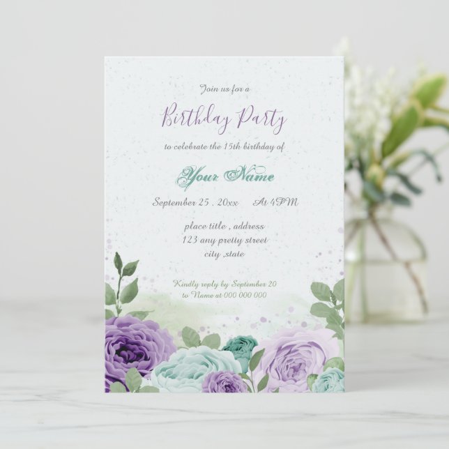 blue purple flowers green leaves birthday invitation (Standing Front)