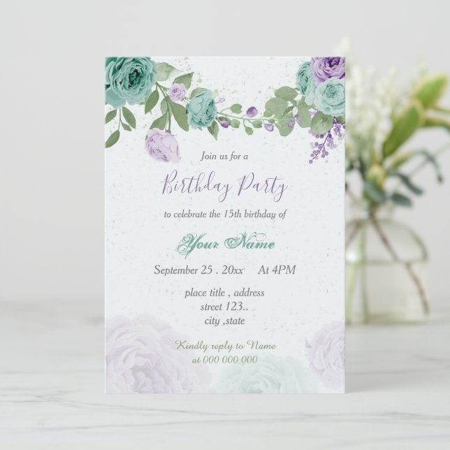 blue purple flowers green leaves birthday invitation (Standing Front)