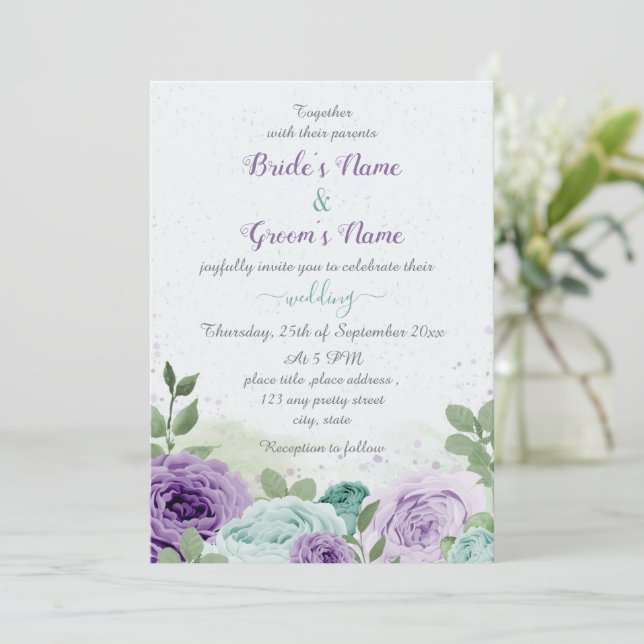 blue purple flowers green leaves wedding invitation (Standing Front)