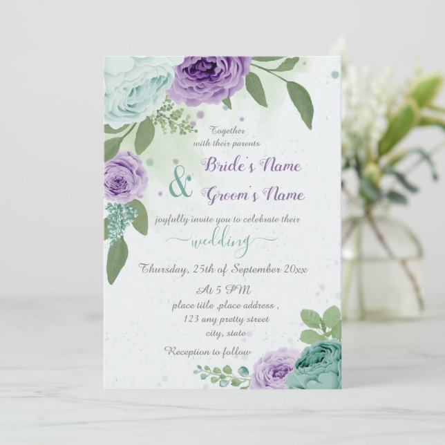 blue purple flowers green leaves wedding invitation (Standing Front)