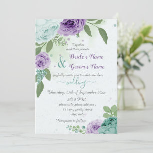 blue purple flowers green leaves wedding invitation