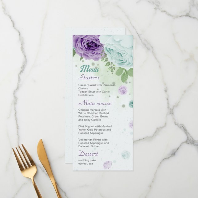 blue purple flowers greenery botanical menu (Front/Back In Situ)