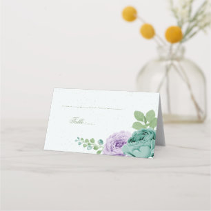 blue purple flowers greenery botanical place card