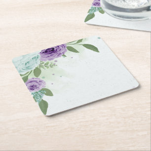 blue purple flowers greenery botanical square paper coaster
