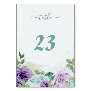 blue purple flowers greenery botanical table number