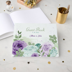 blue purple flowers greenery wedding guest book