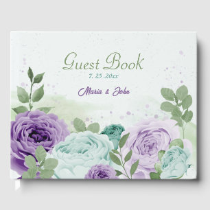 blue purple flowers greenery wedding guest book