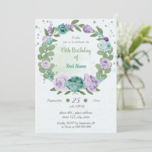 blue purple flowers greenery wreath birthday invitation
