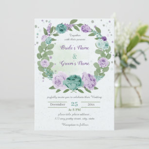 blue purple flowers greenery wreath wedding invitation