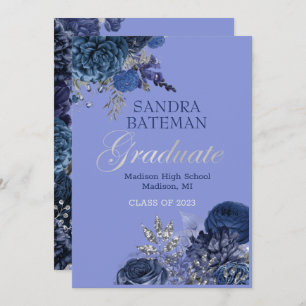 Blue Purple Flowers   Silver Graduation Party Announcement