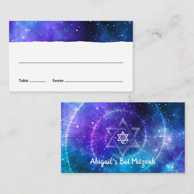 Blue Purple Galaxy Bat Bar Mitzvah Flat Escort Place Card (Front/Back)