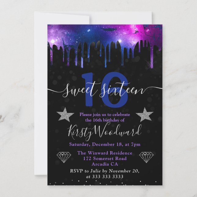 Blue & Purple Galaxy Marble Sweet Sixteen Invitation (Front)