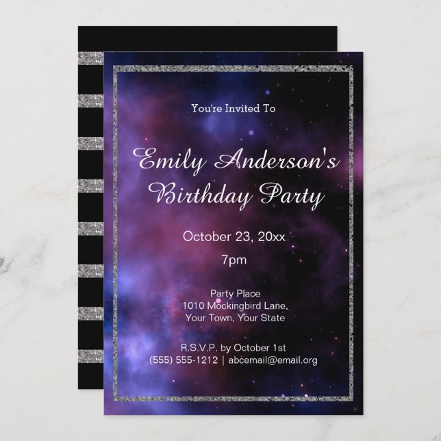 Blue Purple Galaxy Silver Birthday Invitation (Front/Back)