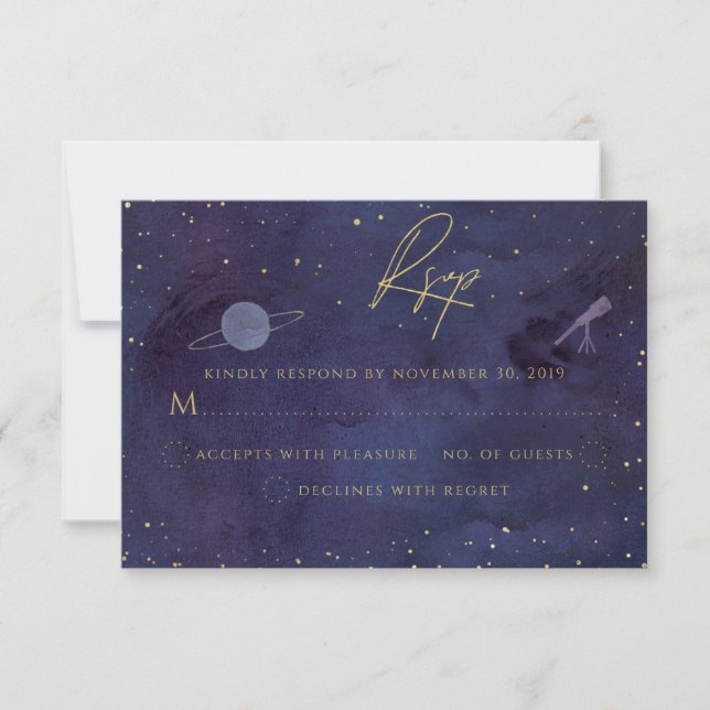 Blue Purple Galaxy Starry Night Celestial Wedding RSVP Card (Front)
