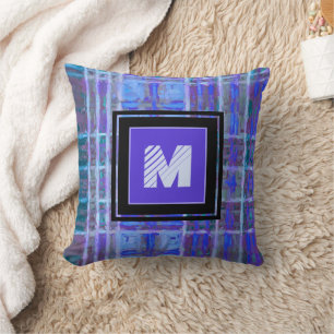 Blue Purple Geometric Watercolor Monogram  Cushion