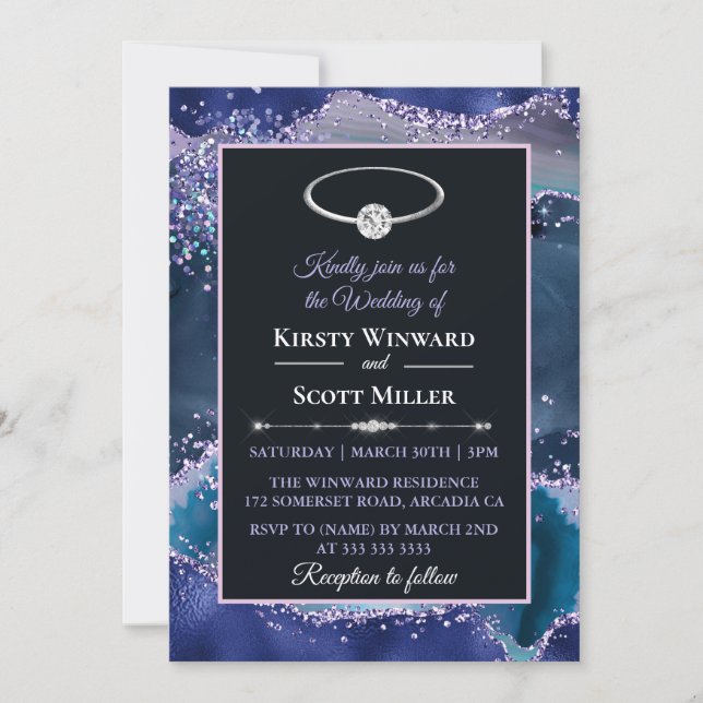Blue Purple Glitter Agate Wedding Invitation (Front)
