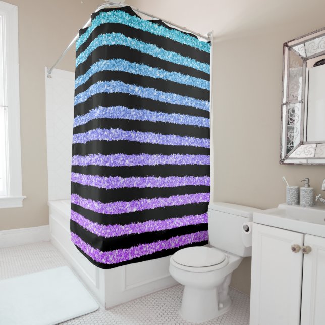 Blue & Purple Glitter & Black Hand Drawn Stripes Shower Curtain (In Situ)