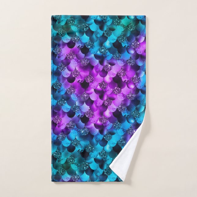 Blue & Purple Glitter Ocean Glamour Mermaid Scales Hand Towel (Hand Towel)