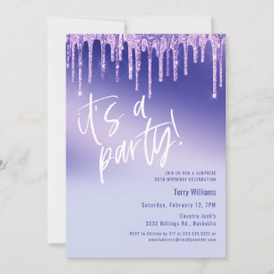 Blue Purple Glitter Surprise 50th Birthday Party Invitation