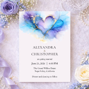 Blue Purple Gold Abstract Heart Wedding Invitation
