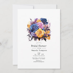 Blue, Purple, Gold, and Black Floral Bridal Shower Invitation