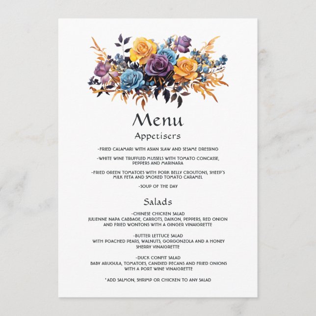 Blue, Purple, Gold, and Black Floral Wedding Menu (Front)