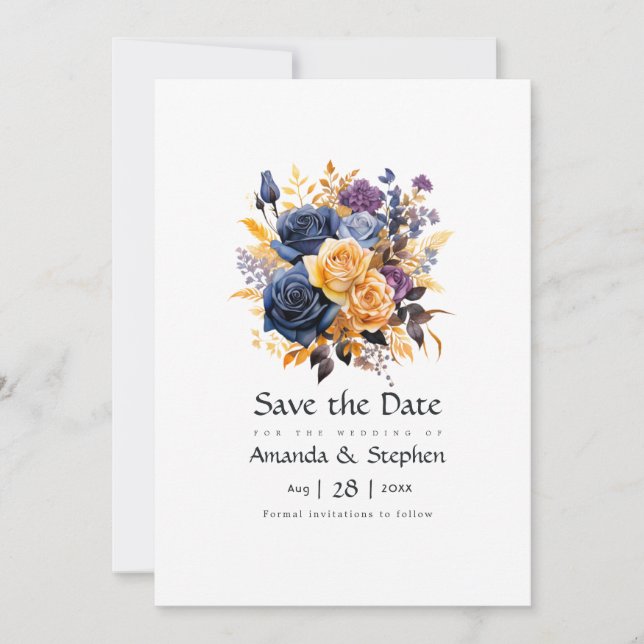 Blue, Purple, Gold, and Black Floral Wedding Save The Date (Front)