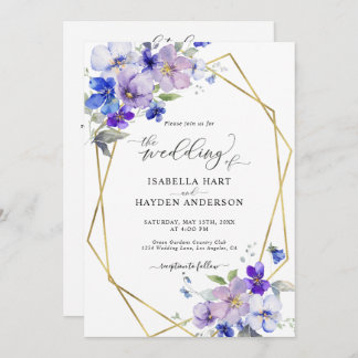 Blue Purple Gold Floral All In 1 QR Code Wedding Invitation