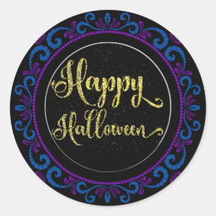 Blue Purple Gold Glitter On Black Happy Halloween Classic Round Sticker